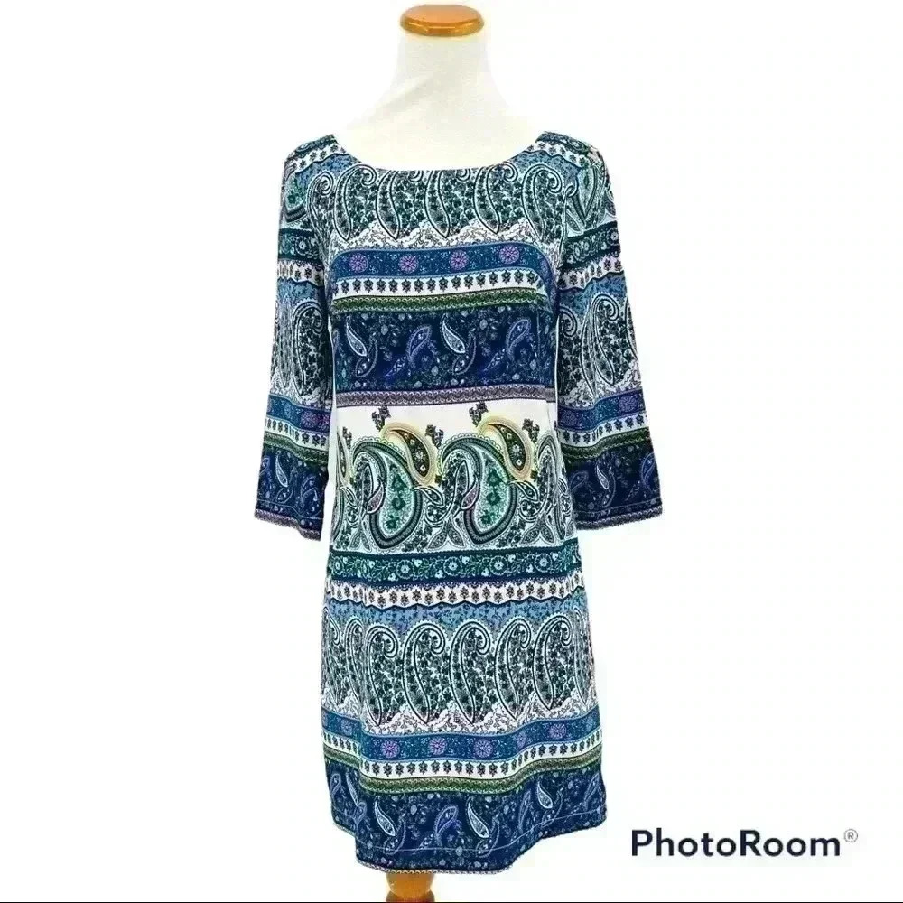 Old Navy Blue Paisley 3/4 Length Sleeve Dress